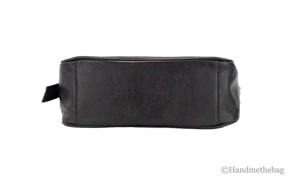 Small black leather Marc Jacobs hobo bag with shoulder strap, featuring a sleek design and subtle brand details.