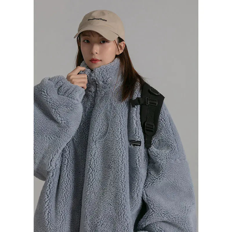 Stand Collar Lamb Wool Plush Sweatshirt Jacket – Cozy, Trendy & Warm for Autumn & Winter