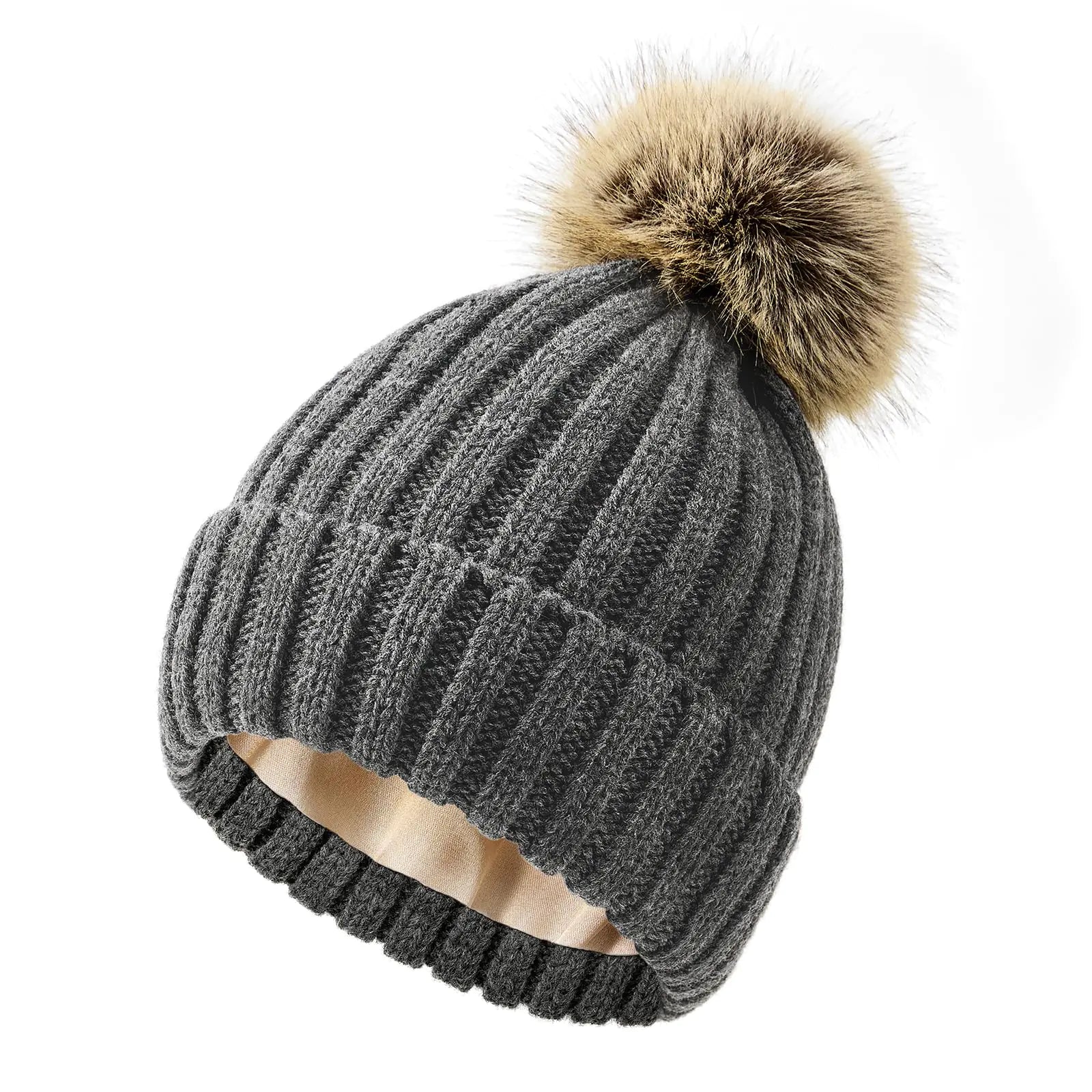 Silk Satin Lined Pom Pom Beanie – Warm, Soft & Stylish Winter Hat for Women