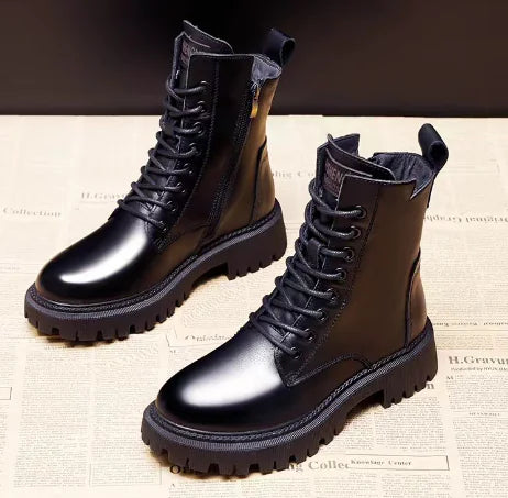 Delphine Black Leather Winter Boots