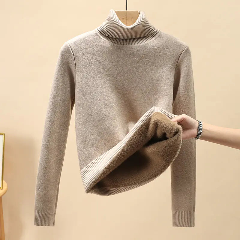 Velvet Turtleneck Sweater for Women | Warm Fleece Lined Autumn & Winter Top