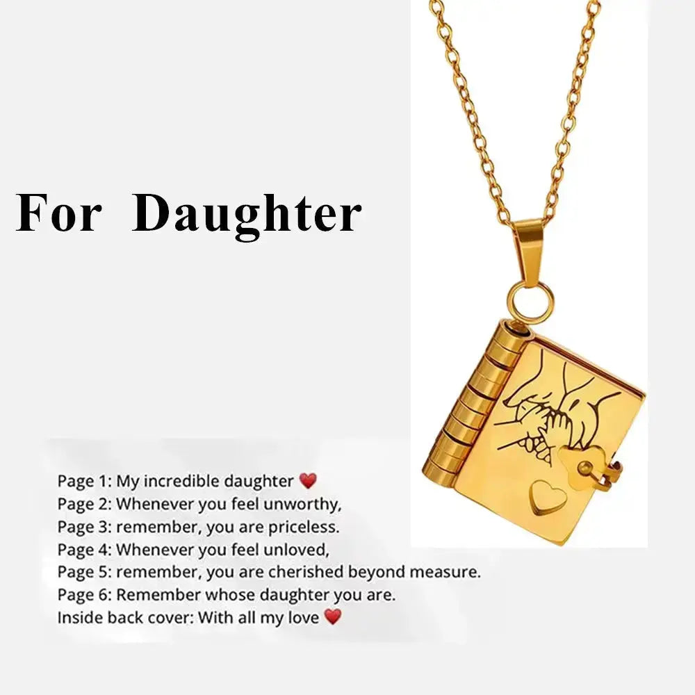 Hypes Inventory openable book locket necklace with engraved design, ideal graduation gift for daughter, son, or loved ones.