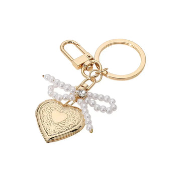 Pearl Beaded Bow Pointe Metal Heart Locket Bag Charm Madeline Love