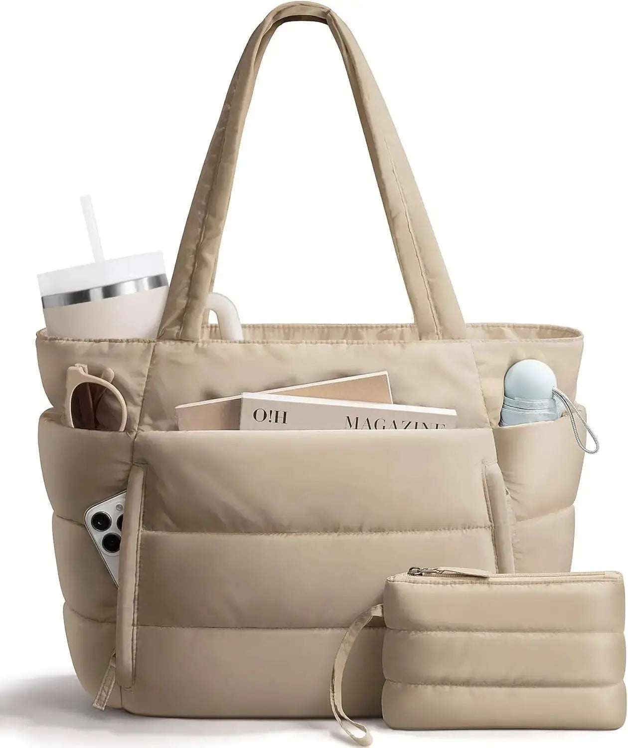 Lightweight quilted Hypes Inventory puffer tote bag for women with laptop sleeve and tumbler holder, shoulder carry style.