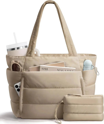 Lightweight quilted Hypes Inventory puffer tote bag for women with laptop sleeve and tumbler holder, shoulder carry style.