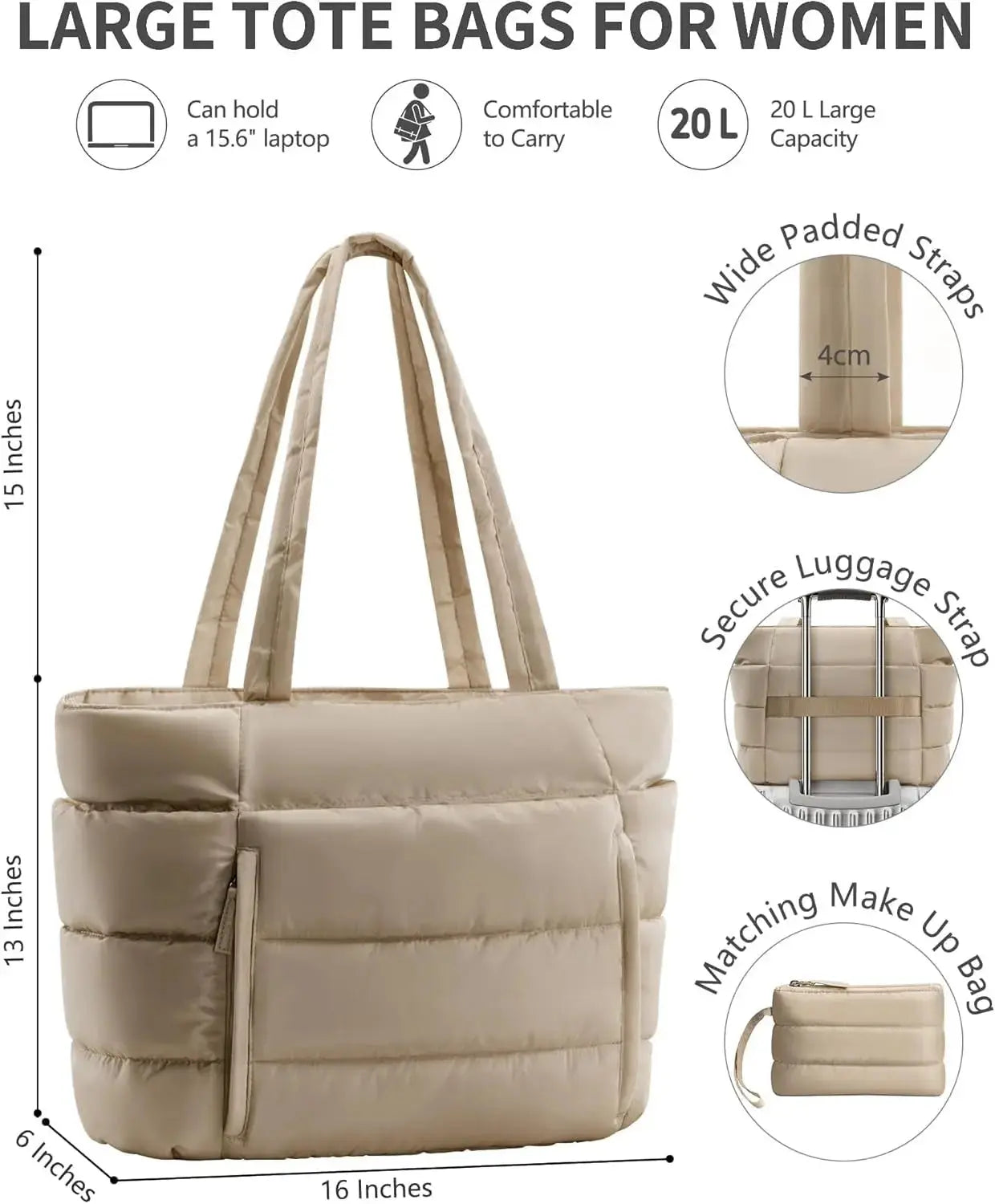 Lightweight quilted Hypes Inventory women's puffer tote bag with laptop sleeve and tumbler holder, showing stylish shoulder carry.