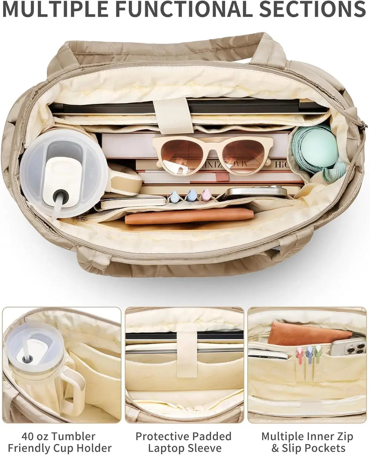 Lightweight quilted puffer tote bag for women with laptop sleeve and tumbler holder by Hypes Inventory, showing its spacious design.