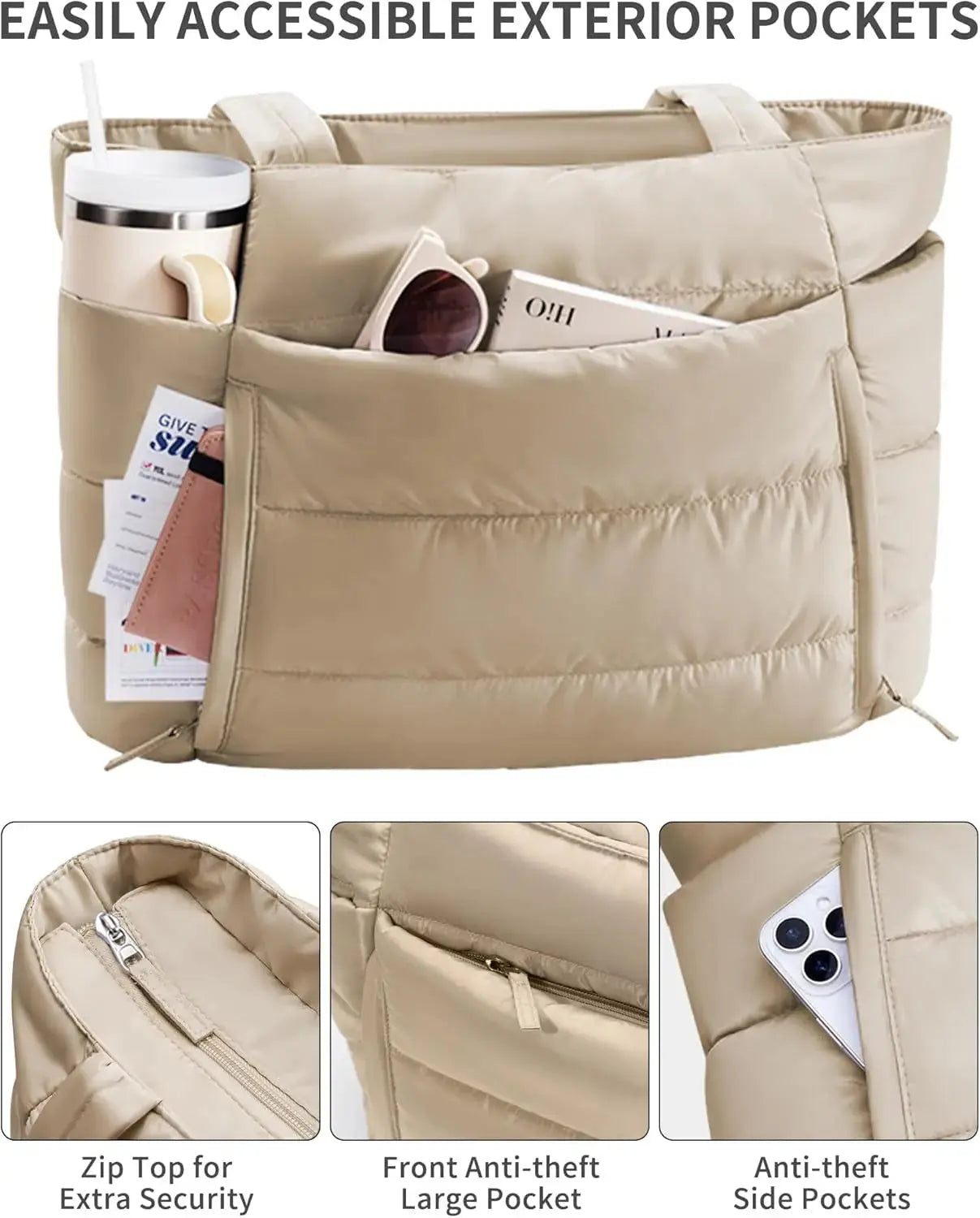 Lightweight quilted puffer tote bag for women with laptop sleeve and tumbler holder, stylish shoulder bag by Hypes Inventory.