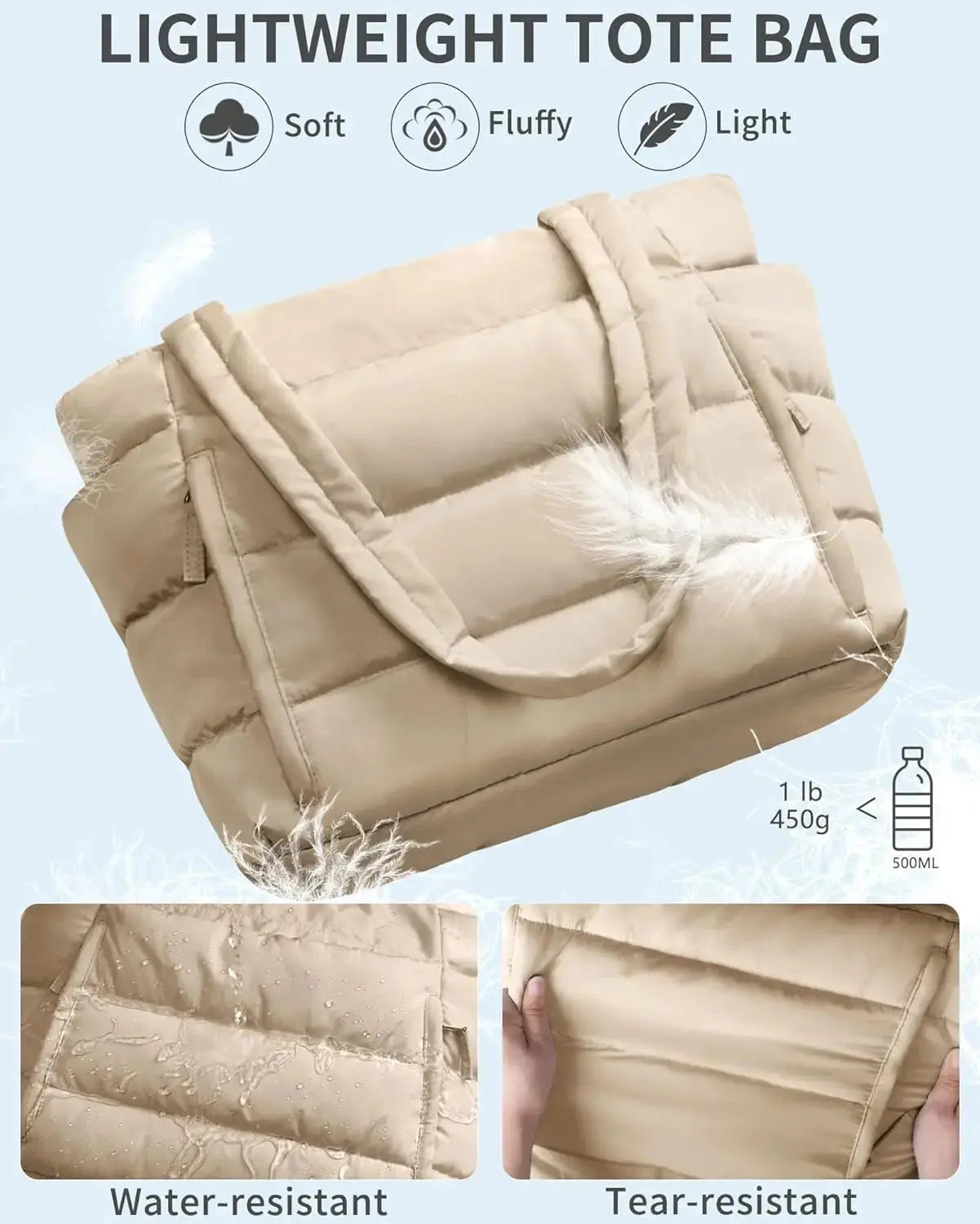 Lightweight quilted puffer tote bag for women by Hypes Inventory with laptop sleeve and tumbler holder, ideal for daily use.