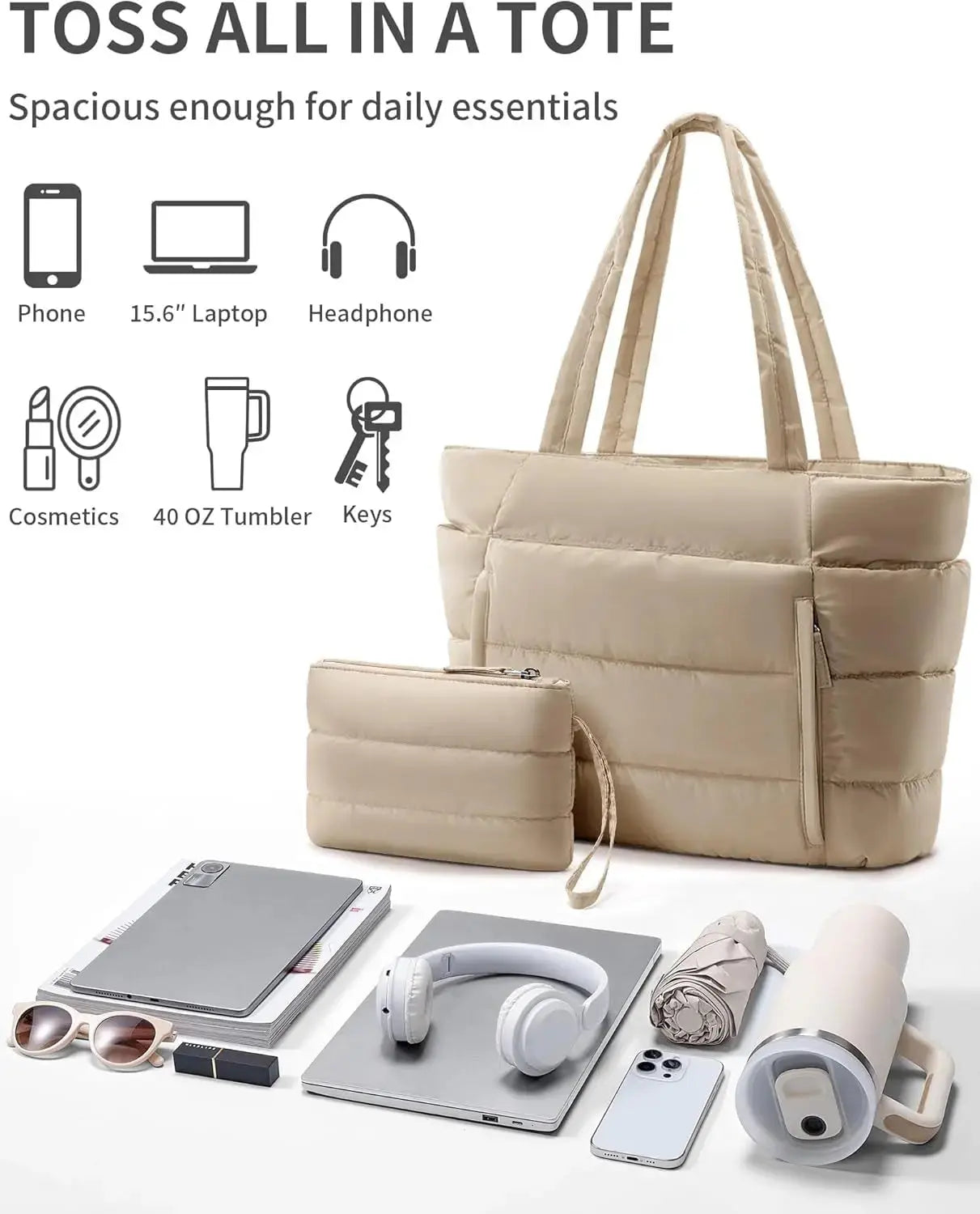 Lightweight quilted Hypes Inventory puffer tote bag for women with laptop sleeve and tumbler holder, shoulder strap visible.