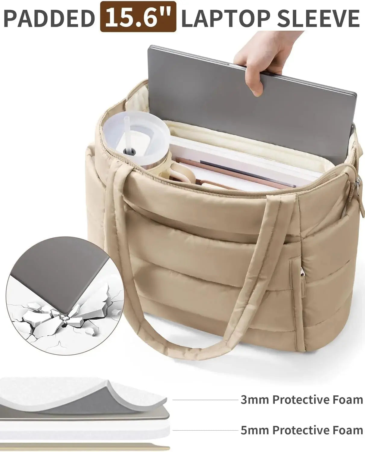 Lightweight quilted puffer tote bag for women with laptop sleeve and tumbler holder, by Hypes Inventory.
