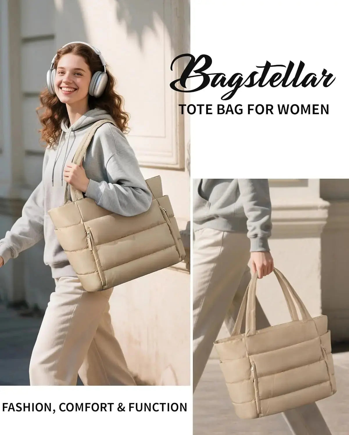 Lightweight quilted puffer tote bag for women with laptop sleeve and tumbler holder, stylish shoulder bag by Hypes Inventory.