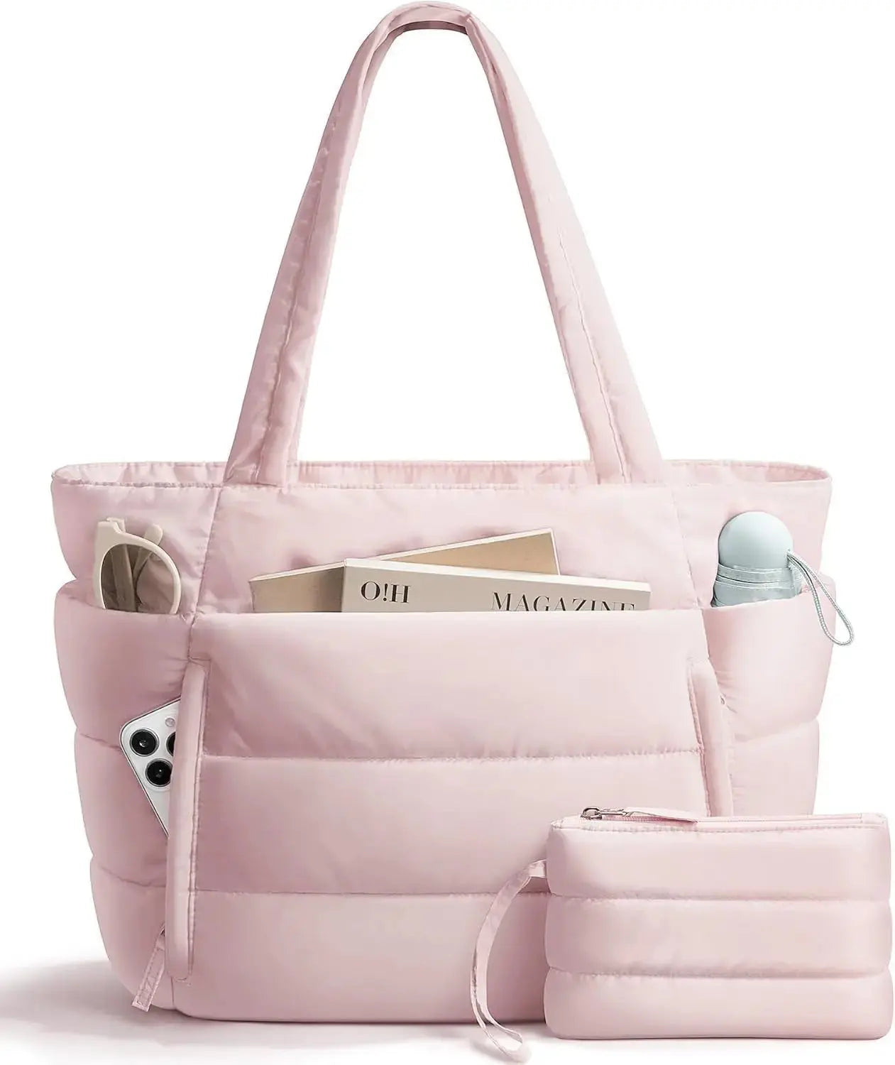 Lightweight quilted Hypes Inventory puffer tote bag for women with laptop sleeve and tumbler holder, black shoulder bag.