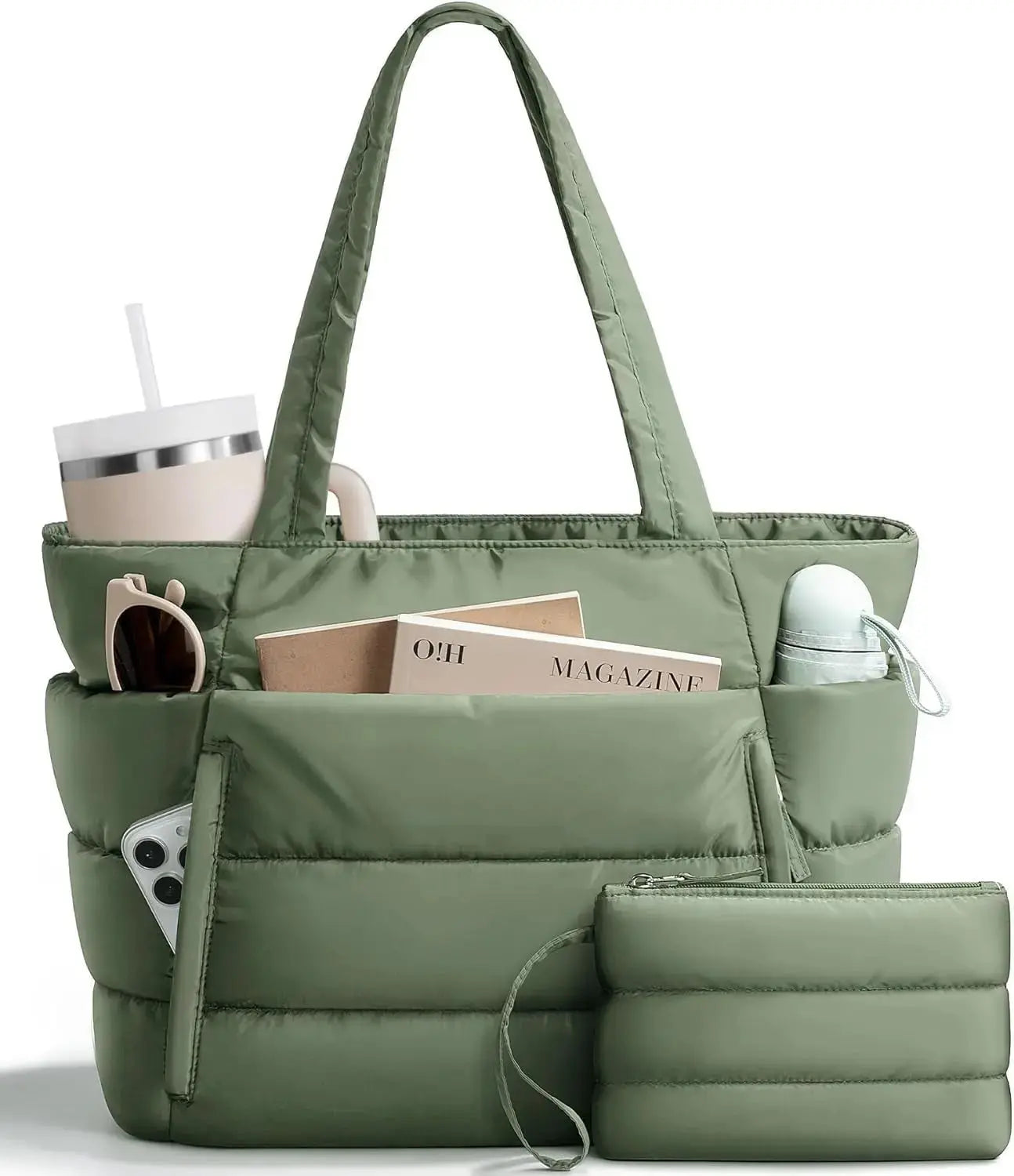 Lightweight quilted puffer tote bag for women with laptop sleeve and tumbler holder from Hypes Inventory, featuring padded shoulder straps.