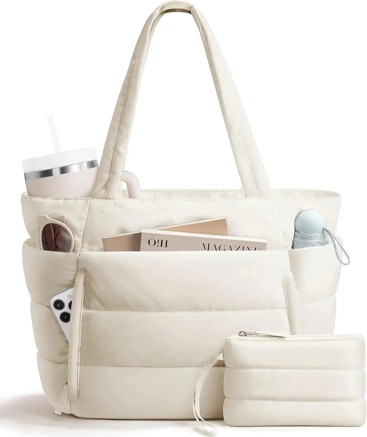 Lightweight quilted puffer tote bag for women with laptop sleeve and tumbler holder, from Hypes Inventory.