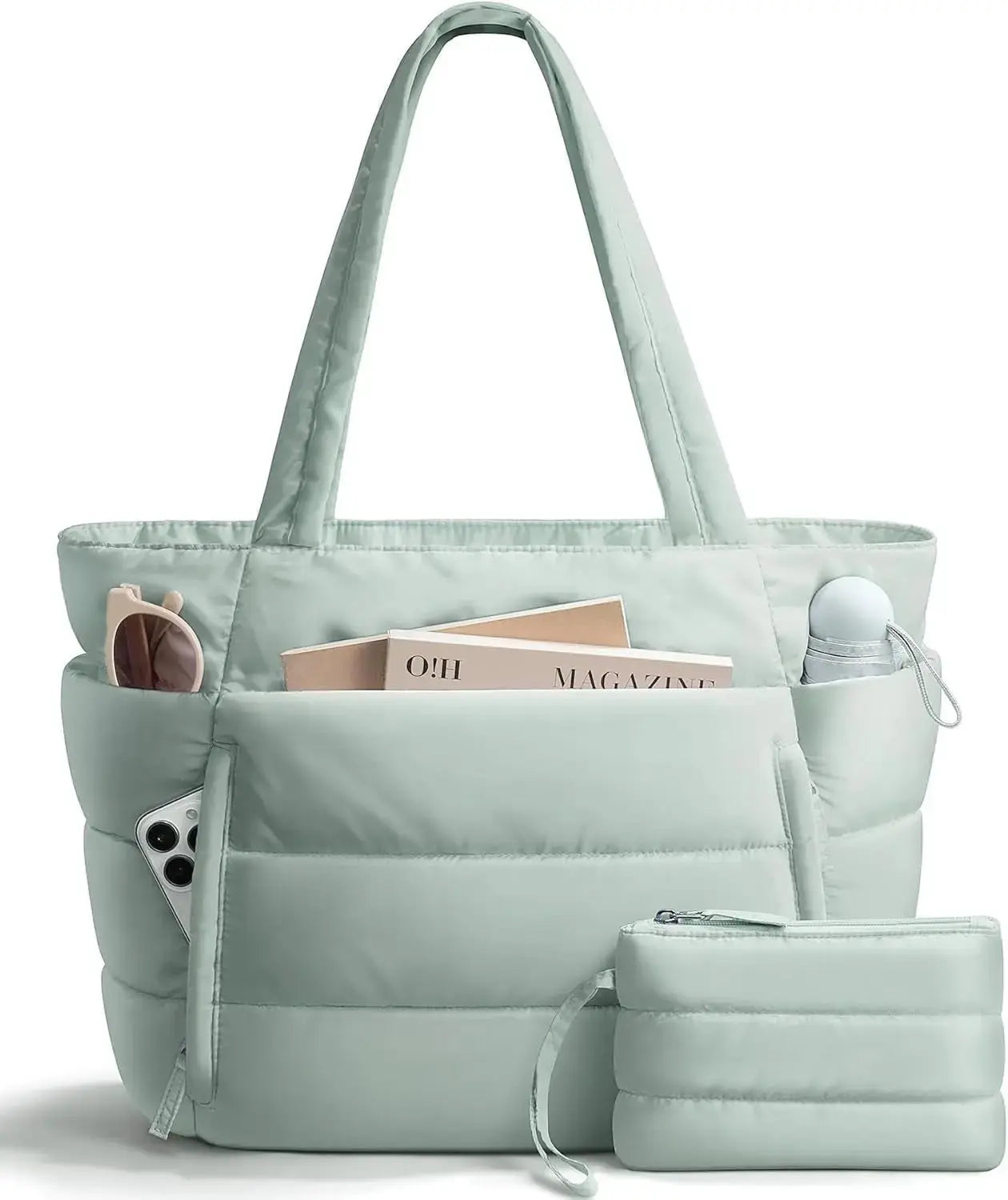 Hypes Inventory women's puffer tote bag with quilted design, shoulder strap, laptop sleeve, and tumbler holder.