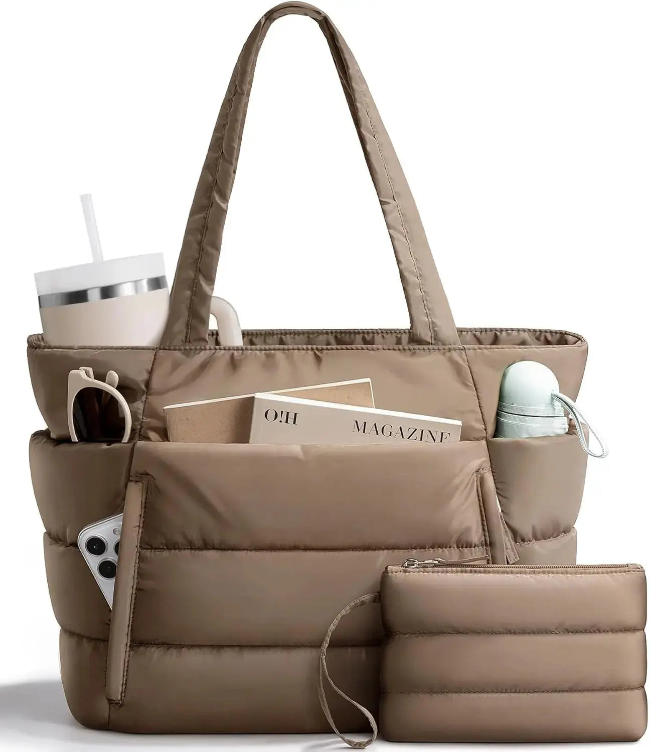 Lightweight quilted puffer tote bag for women with laptop sleeve and tumbler holder, stylish Hypes Inventory shoulder bag.