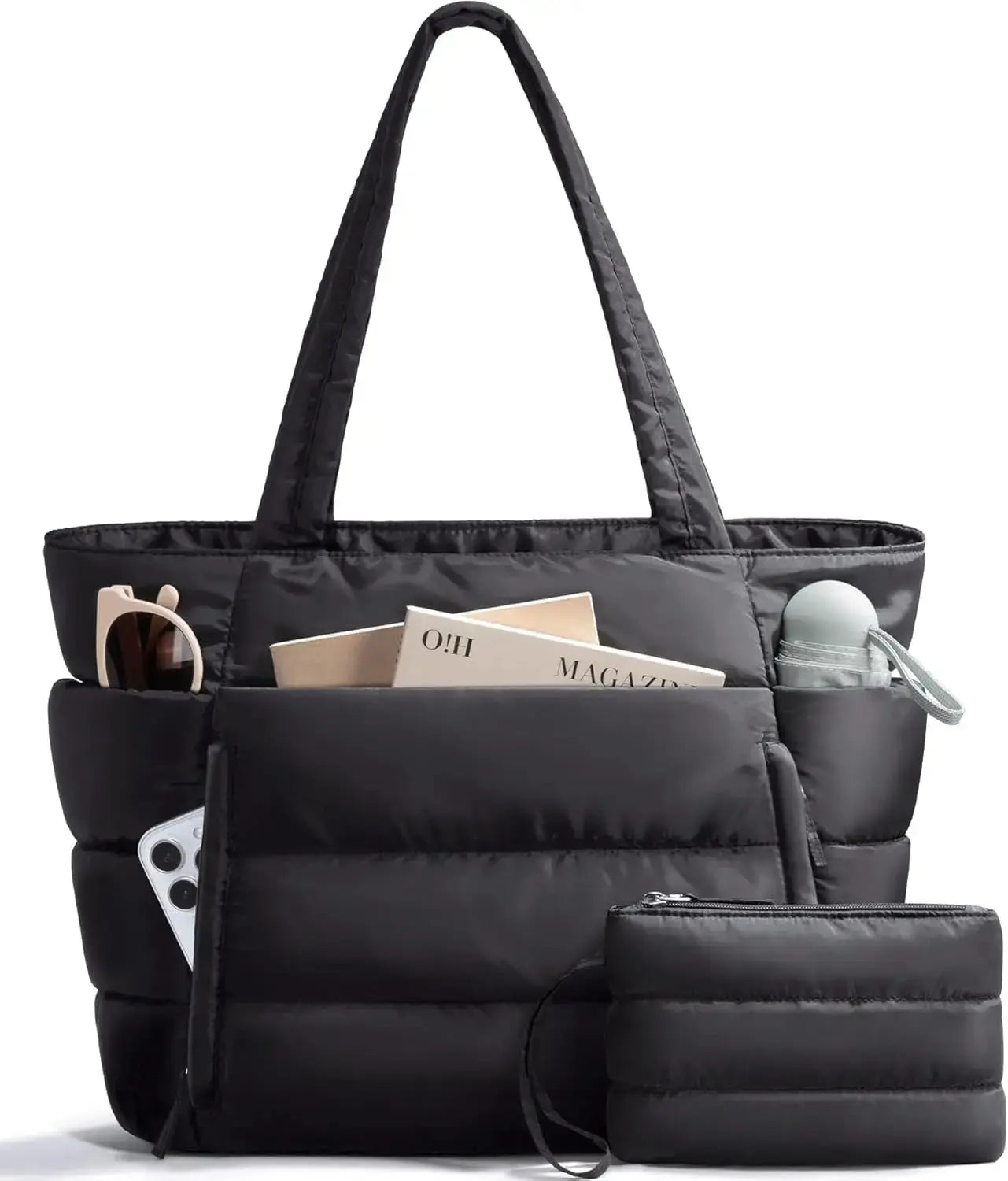 Hypes Inventory puffer tote bag for women with quilted design, laptop sleeve, and tumbler holder, lightweight and stylish for everyday use.