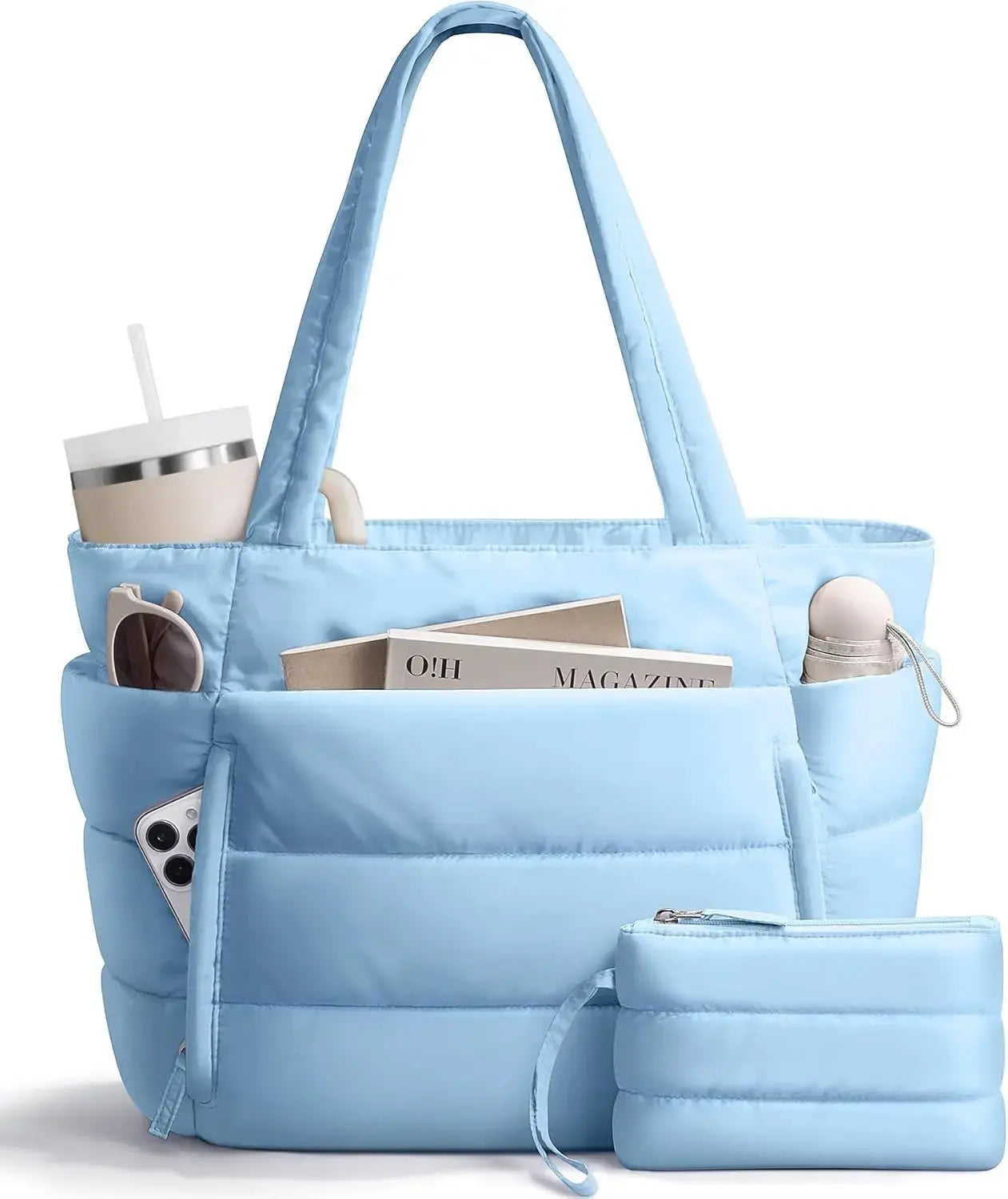 Lightweight quilted puffer tote bag for women with laptop sleeve and tumbler holder, from Hypes Inventory.