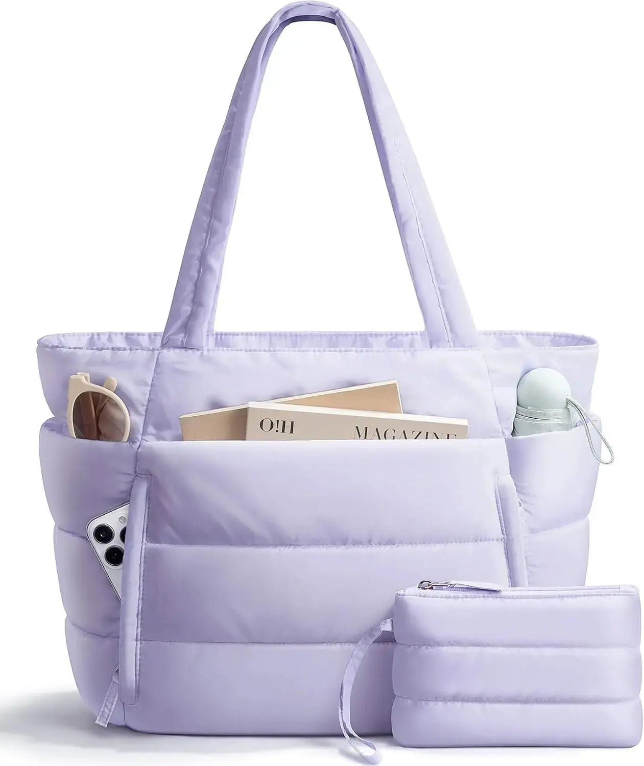 Lightweight quilted Hypes Inventory tote bag for women with laptop sleeve and tumbler holder, designed for everyday use.
