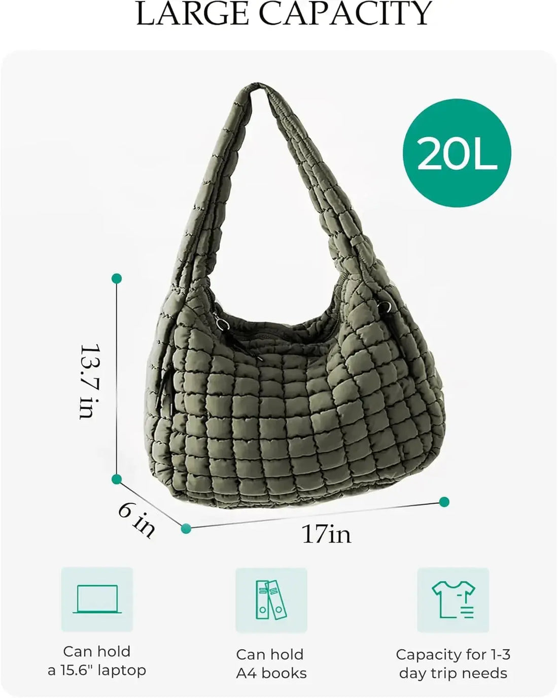 Army green quilted puffer tote bag for women, versatile crossbody bag by Hypes Inventory, ideal for travel, gym, work, and school.