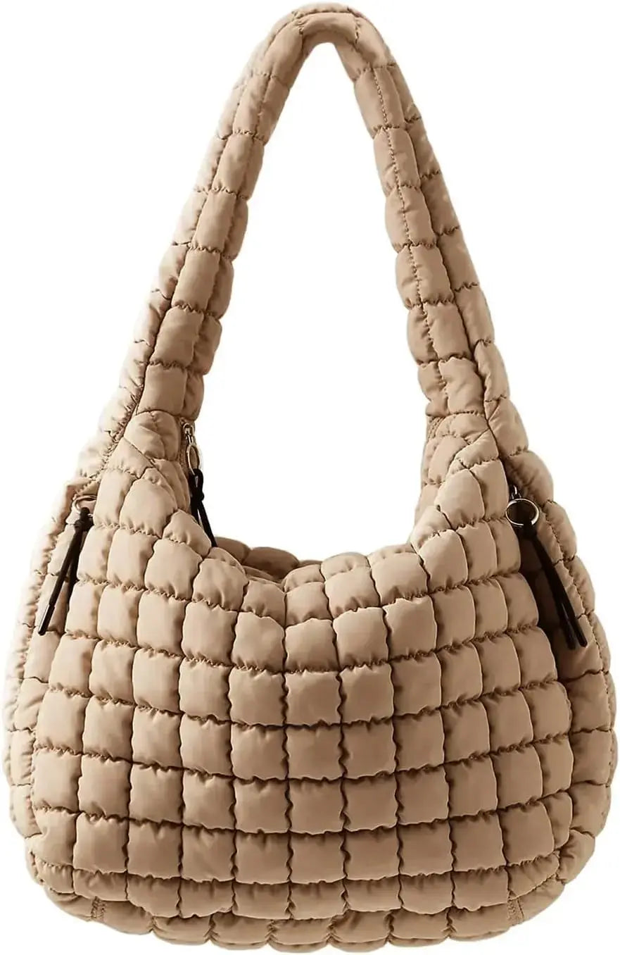 Hypes Inventory army green quilted puffer tote bag for women, versatile crossbody travel bag for gym, work, and school.