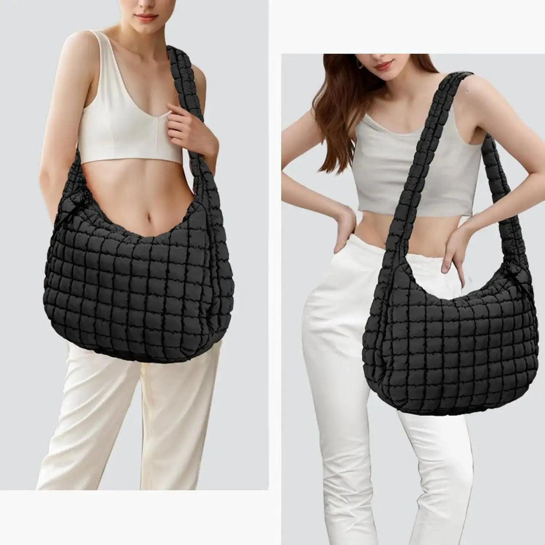Black quilted puffer tote bag for women, lightweight crossbody travel and gym handbag by Hypes Inventory.
