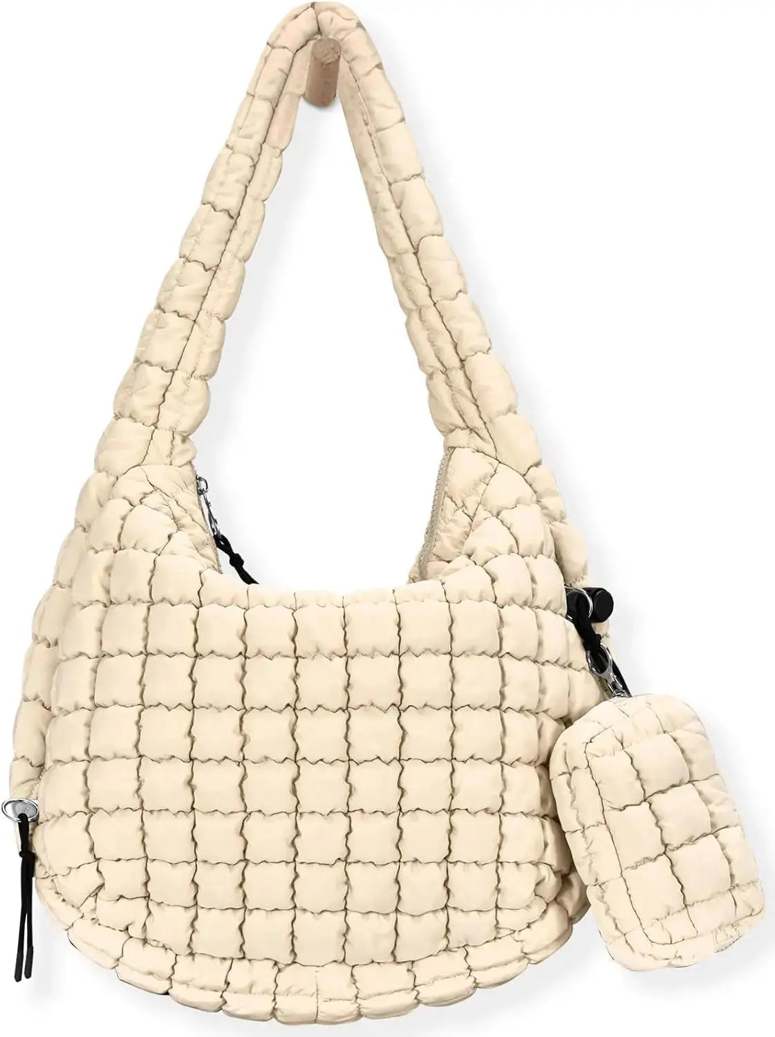 Black quilted puffer crossbody tote bag for women by Hypes Inventory, lightweight and spacious for travel or gym use.