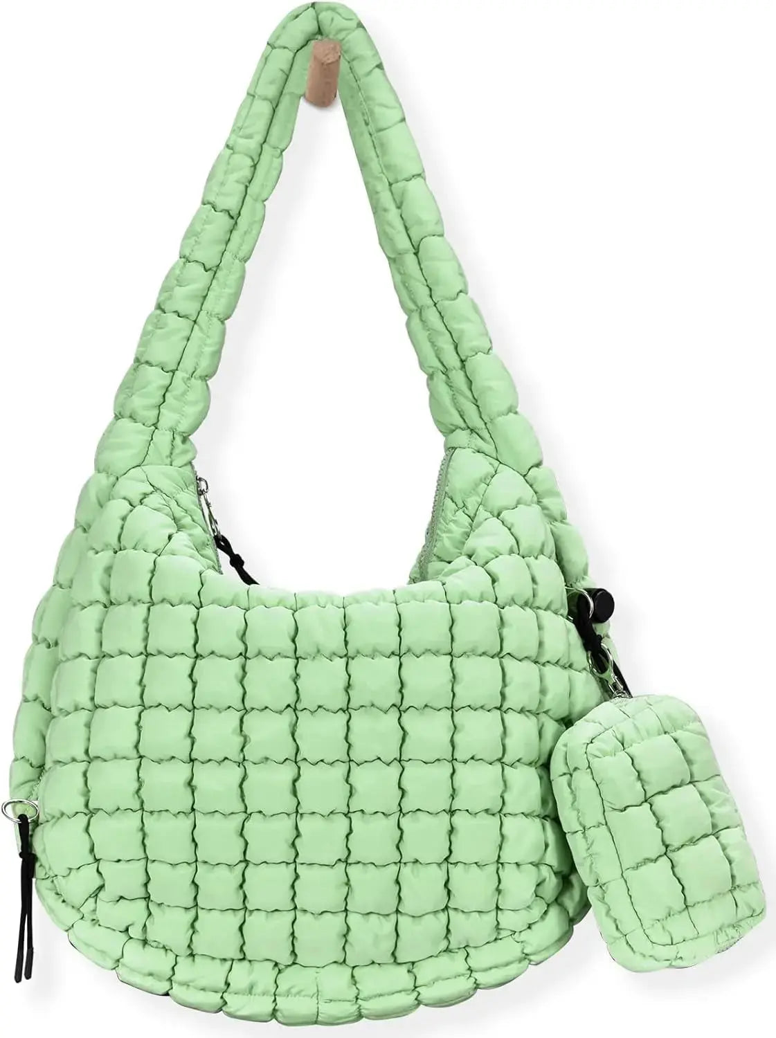Black quilted puffer tote bag for women, lightweight crossbody travel and gym handbag with spacious carryall design.