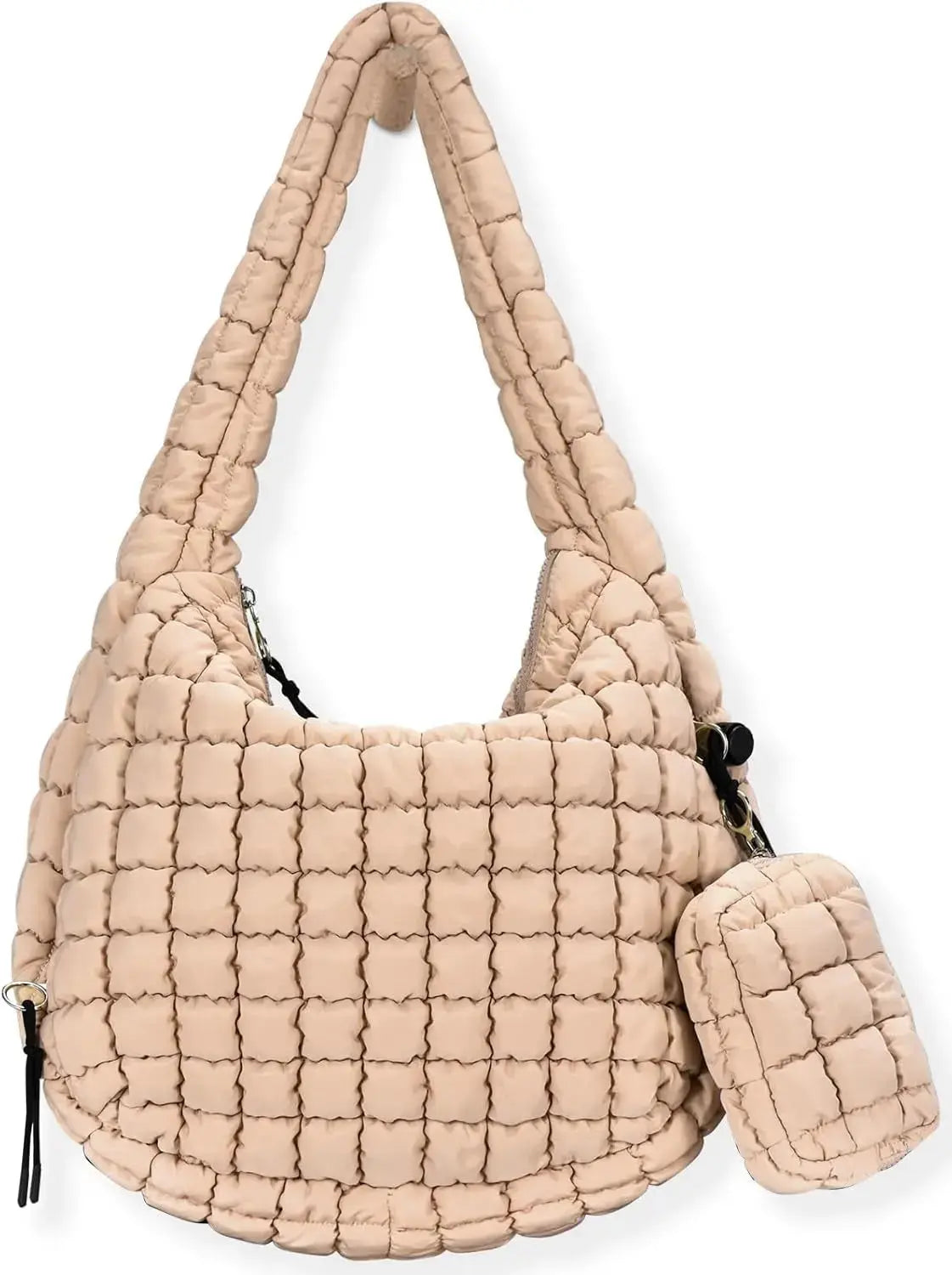Black quilted puffer tote bag for women, lightweight crossbody travel and gym bag with spacious design by Hypes Inventory.