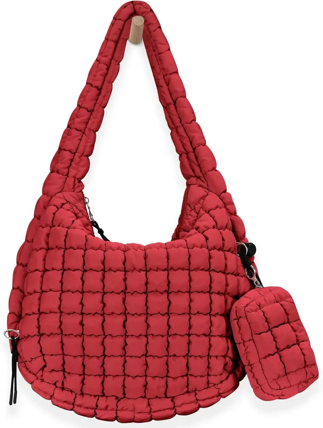 Black quilted puffer crossbody tote bag for women, lightweight travel and gym handbag with spacious carryall design.