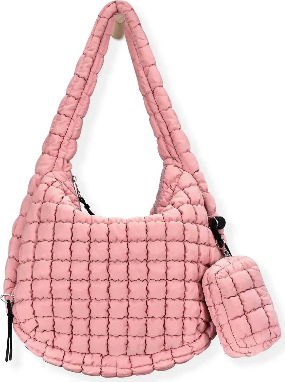Black quilted puffer tote bag for women, lightweight crossbody travel and gym bag with spacious interior and stylish design.