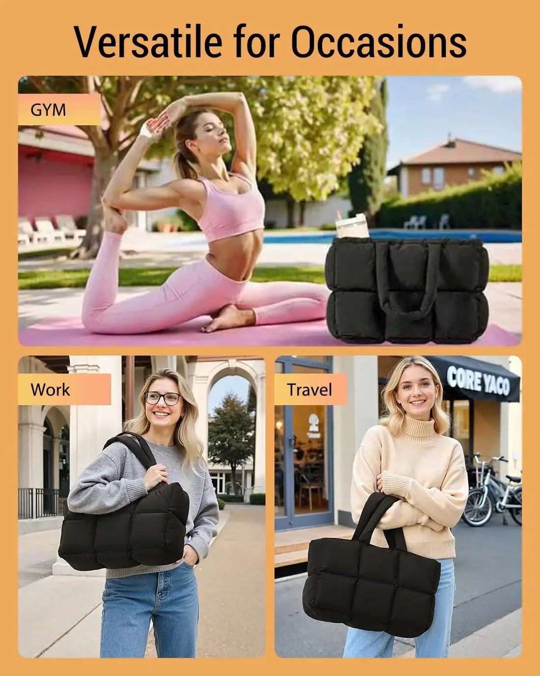 Black quilted puffer tote bag for women by Hypes Inventory, lightweight travel gym bag with cup holder and spacious compartments.