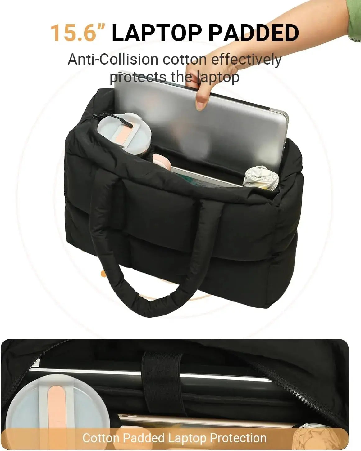 Black quilted puffer tote bag for women by Hypes Inventory, lightweight travel gym bag with cup holder and spacious compartments.