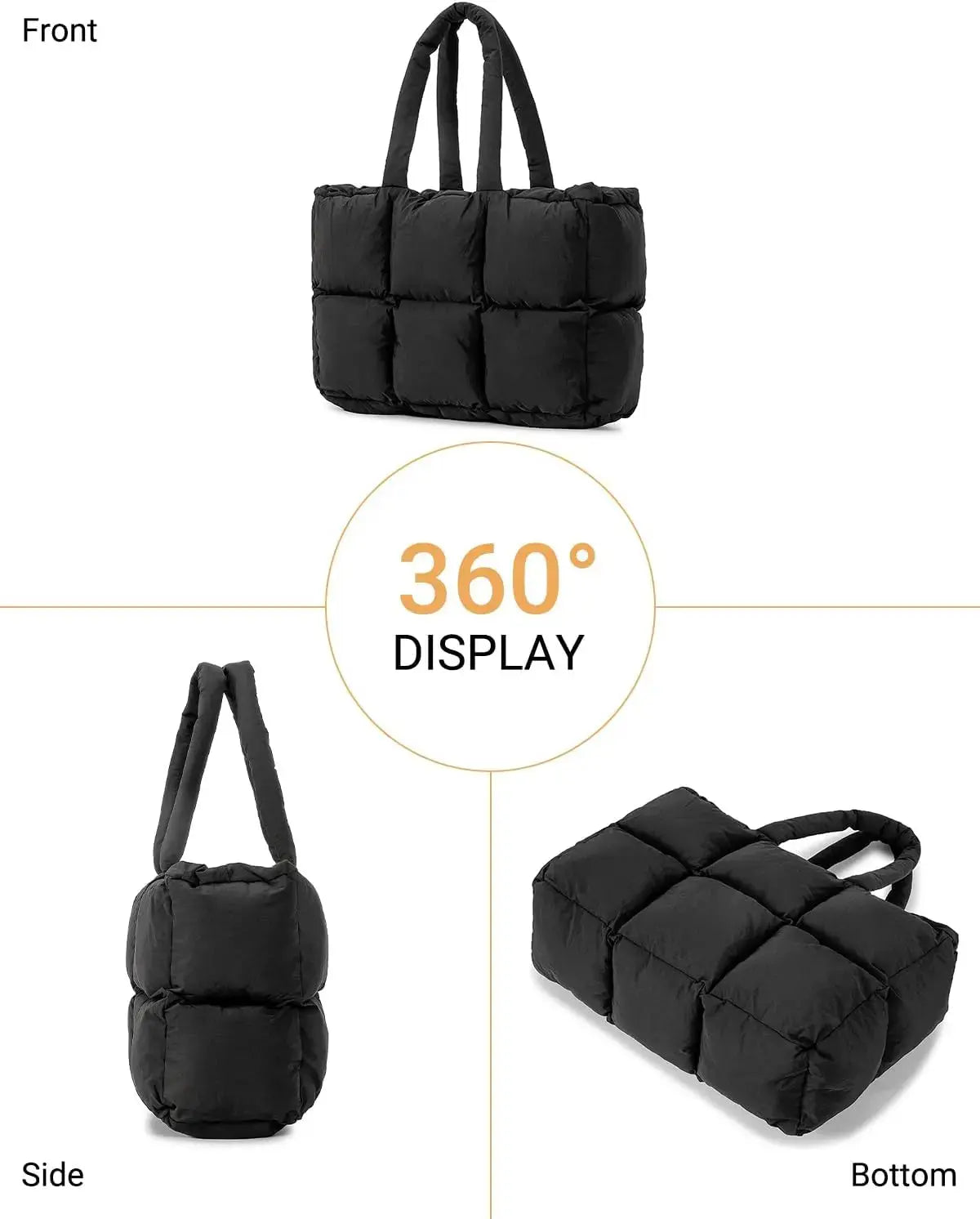 Black quilted puffer tote bag for women by Hypes Inventory, lightweight travel gym bag with cup holder and spacious compartments.