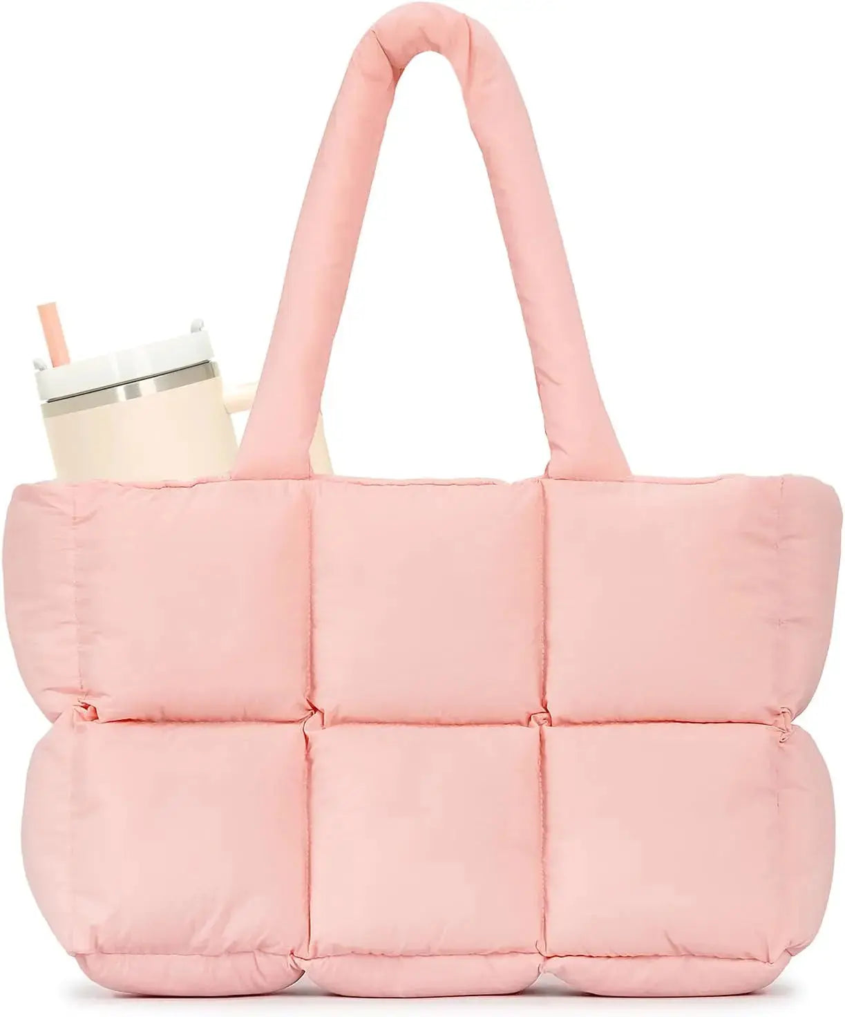 Black quilted puffer tote bag for women, lightweight travel and gym bag with cup holder and multiple compartments.