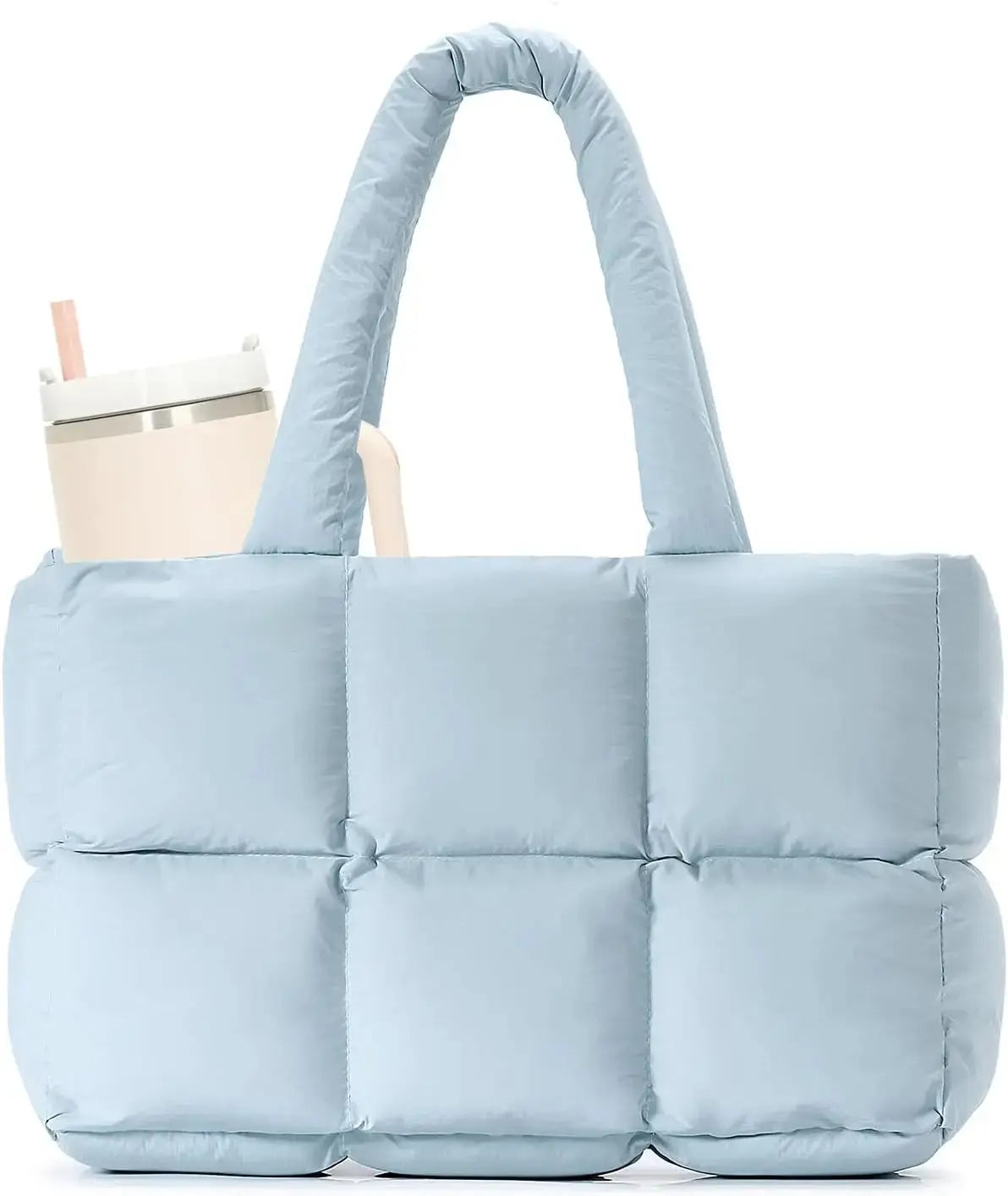 Black quilted puffer tote bag for women by Hypes Inventory, lightweight travel and gym tote with cup holder and spacious compartments.