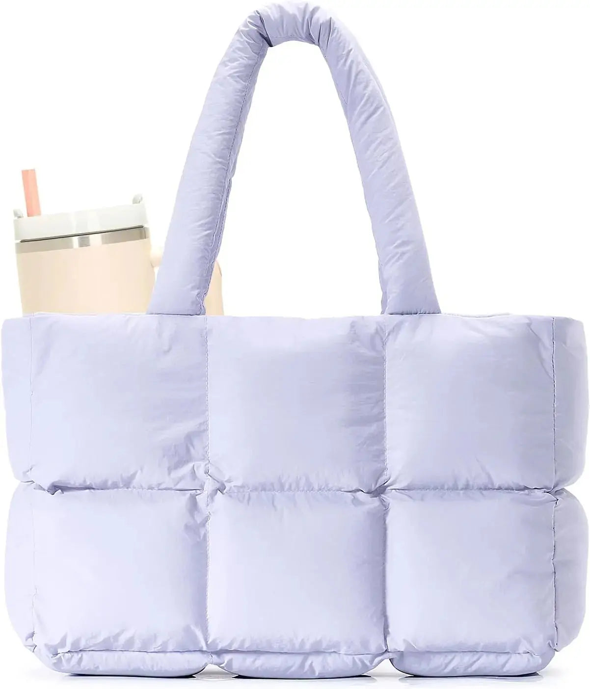 Black puffer tote bag for women by Hypes Inventory, quilted lightweight travel gym bag with cup holder and spacious compartments.