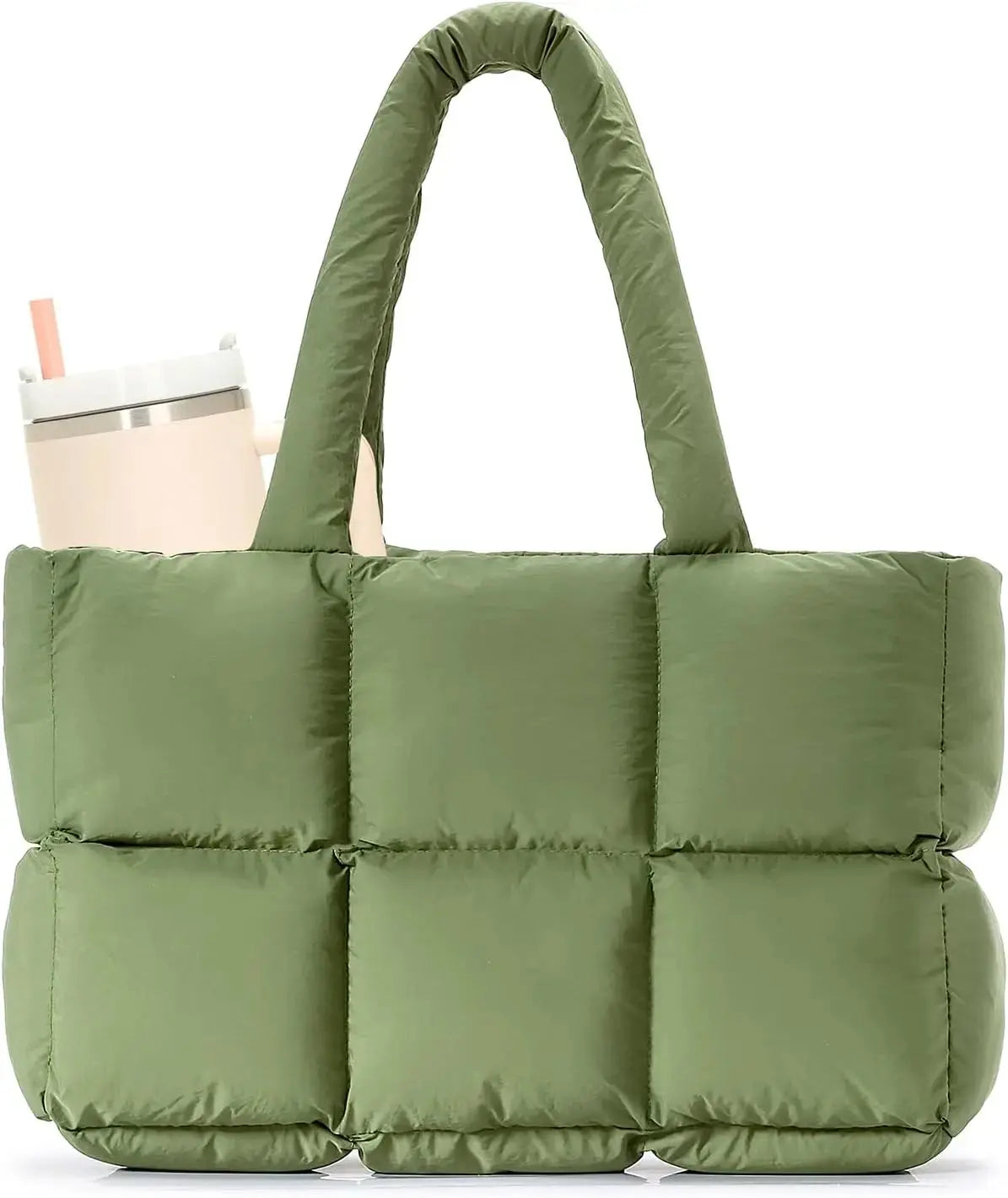 Black quilted puffer tote bag for women, lightweight travel gym bag with cup holder and multiple compartments by Hypes Inventory.