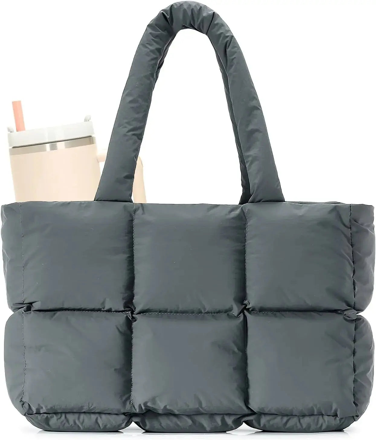 Black quilted puffer tote bag for women by Hypes Inventory, lightweight travel gym bag with cup holder and spacious compartments.