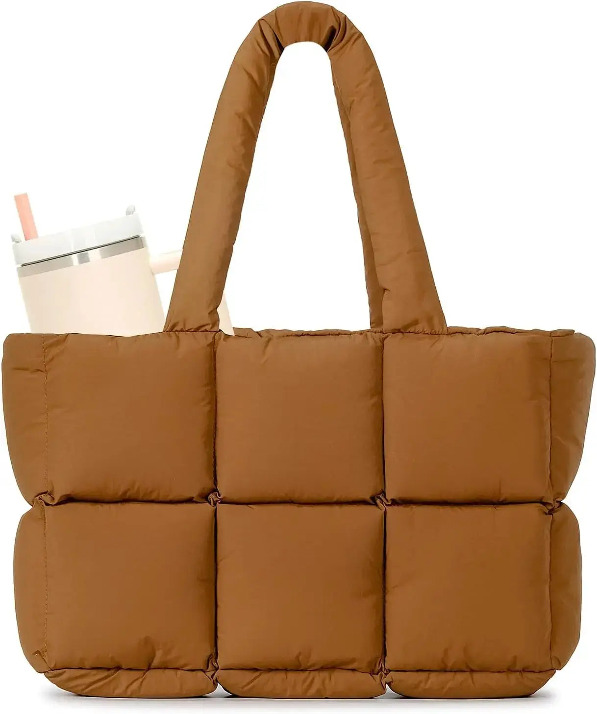Black quilted puffer tote bag for women with cup holder, lightweight travel and gym tote by Hypes Inventory.