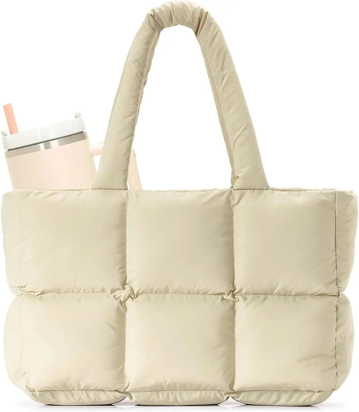Black quilted puffer tote bag for women by Hypes Inventory, lightweight travel gym bag with cup holder and spacious compartments.