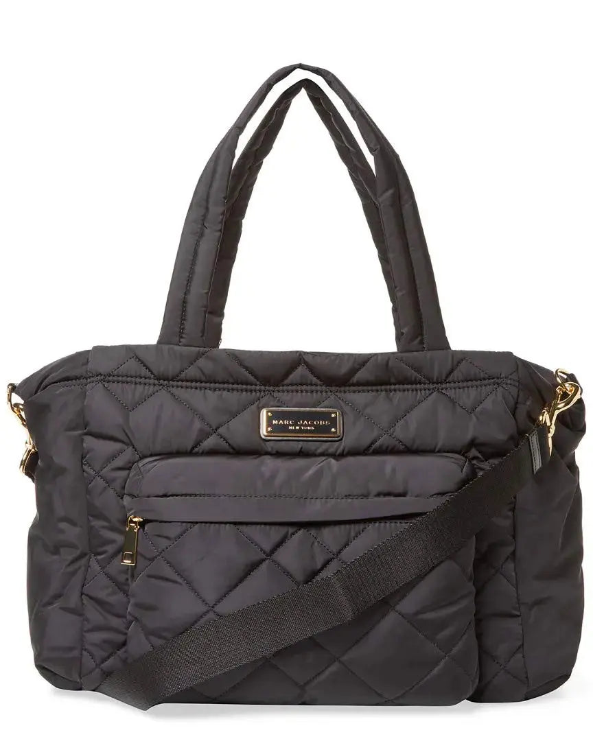 Large quilted Hypes Inventory diaper bag with changing pad, shoulder strap, and multiple compartments for baby essentials.
