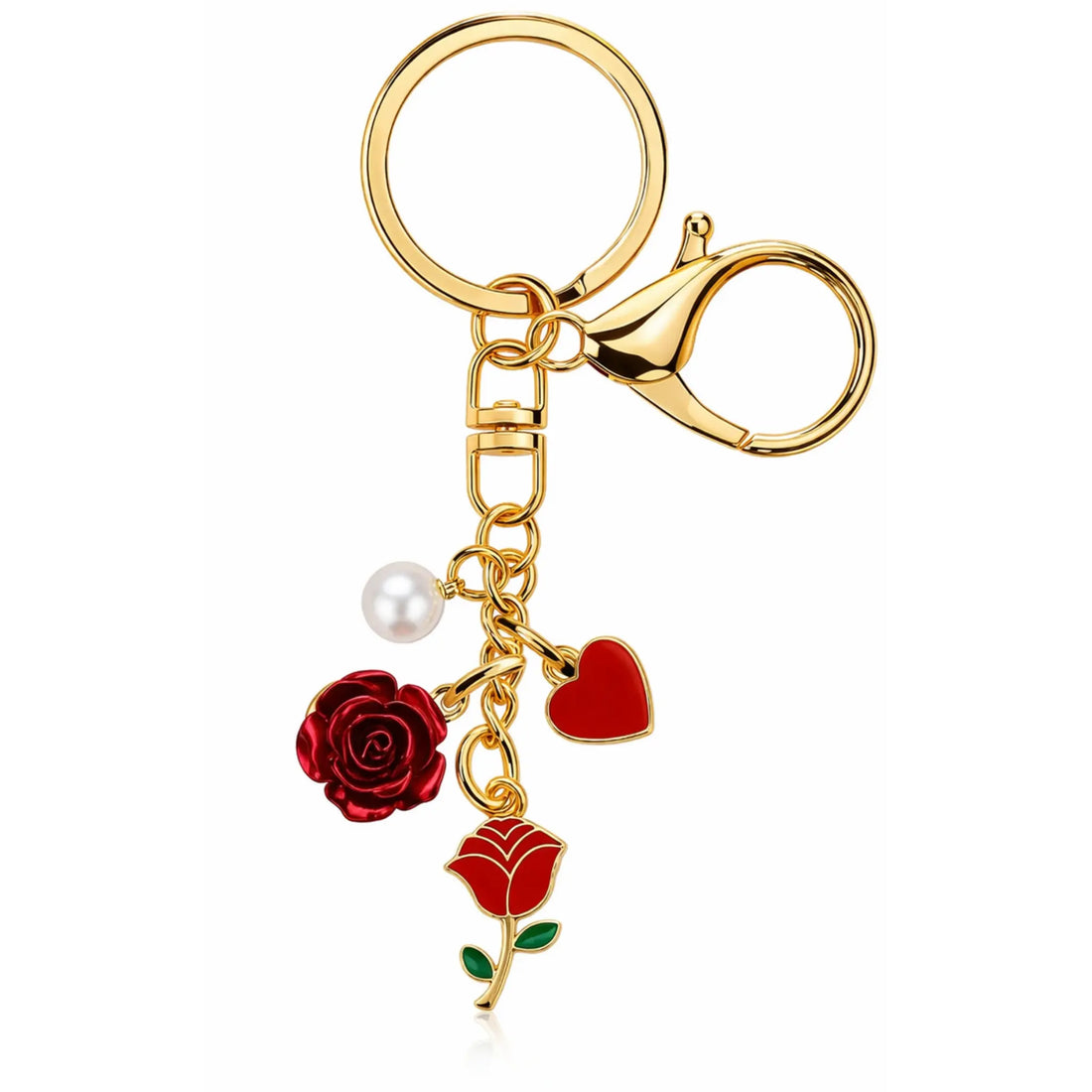 Gold and red rose bag charm keychain with pearl accents from Hypes Inventory, featuring a floral pendant and elegant design.