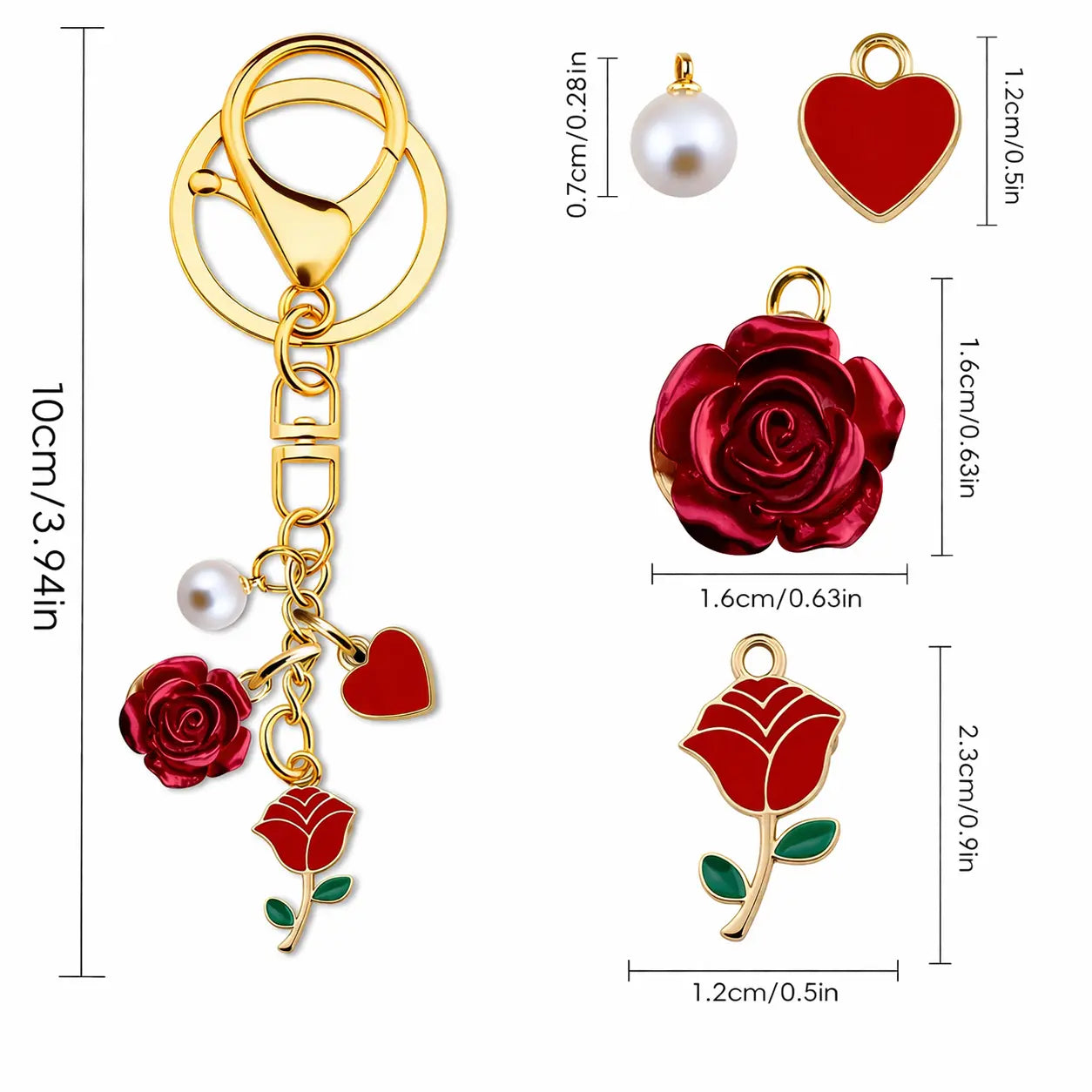 Gold and red flower pendant keychain with pearls, Hypes Inventory Rose Bag Charm Keychain, stylish accessory for bags or keys.