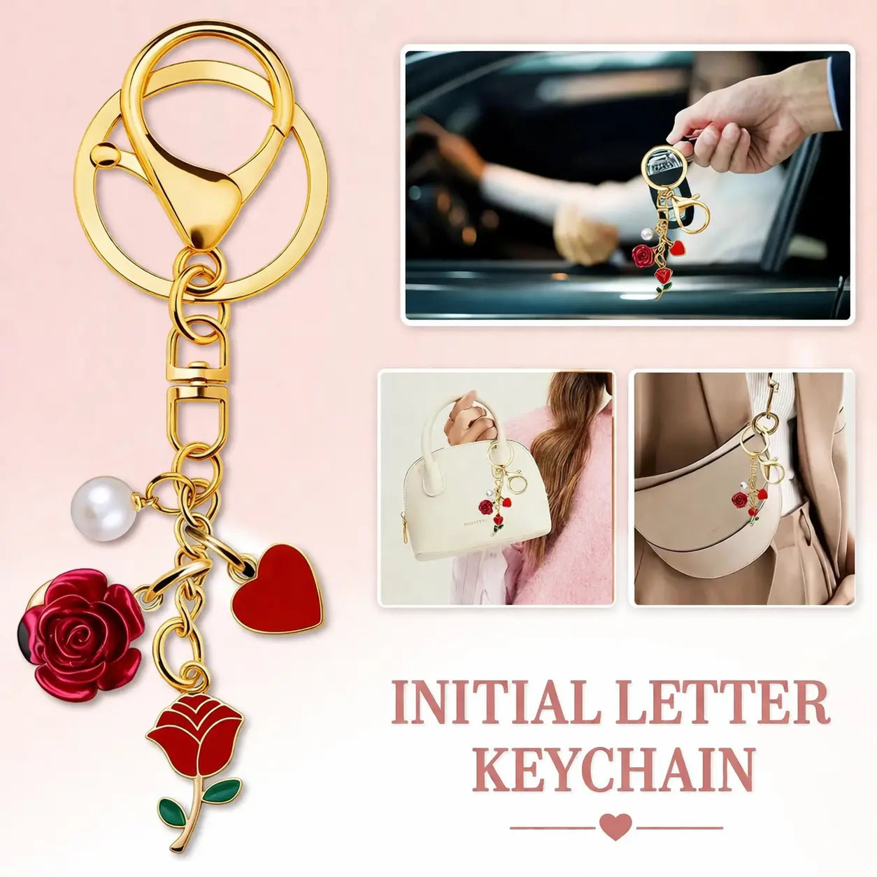 Gold rose bag charm keychain with red flower pendant and pearl accents, stylish accessory by Hypes Inventory