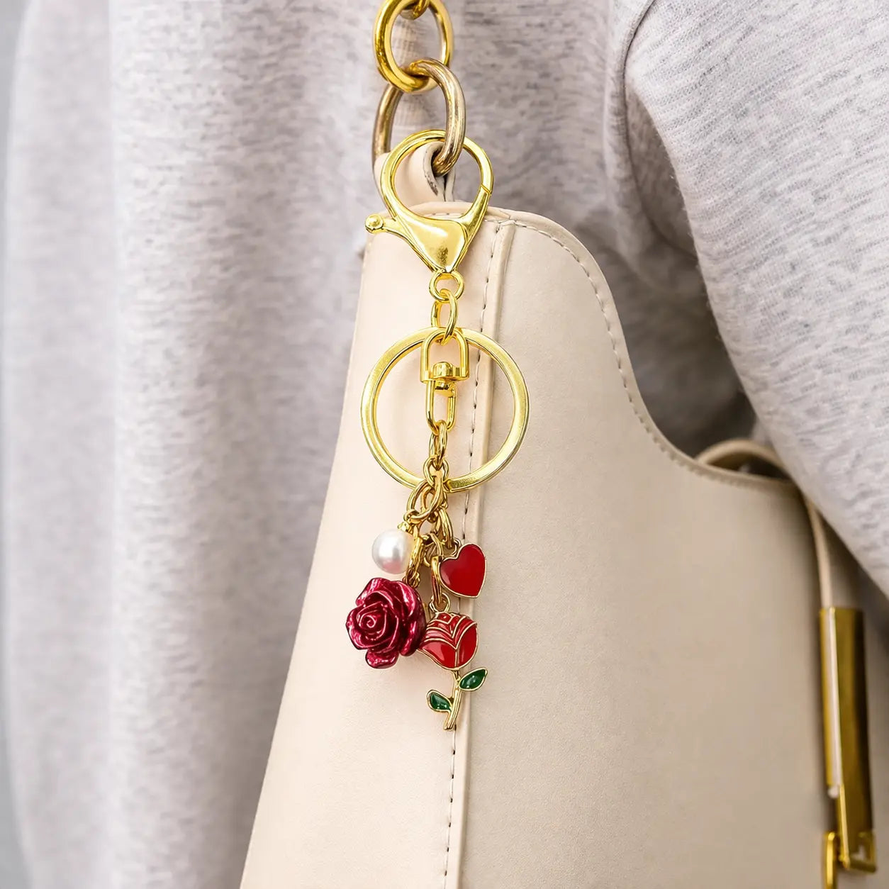 Elegant leather handbag with gold and red rose charm keychain featuring pearls, adding a touch of sophistication and style.