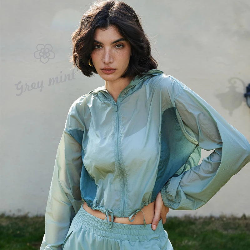 New Lightweight Yoga Jacket Loose Hooded Drawstring Sport Top Women'S Thin Casual Outdoor Long Sleeve Summer Jacket