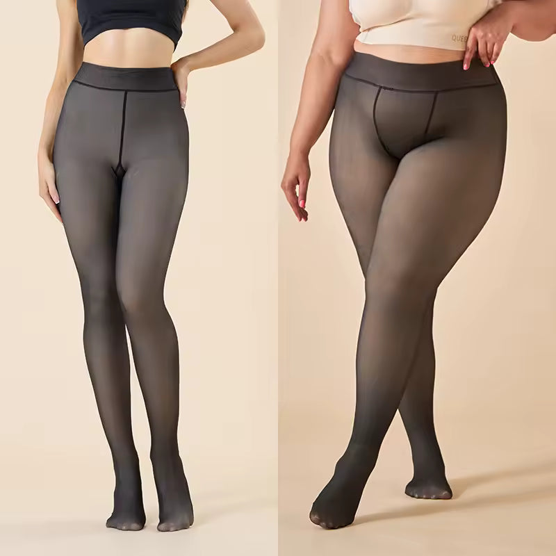 Plus Size Sheer-Look Fleece Lined Tights — Thermal Winter Pantyhose