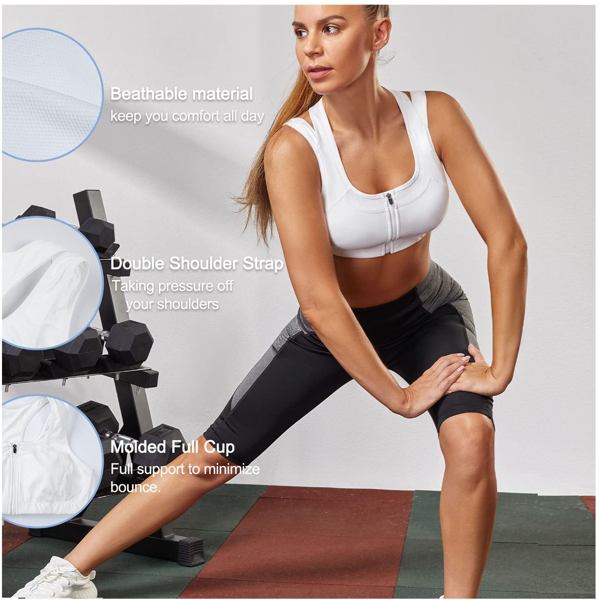 High Impact Front-Closure Sports Bra – Full Coverage, Padded, White